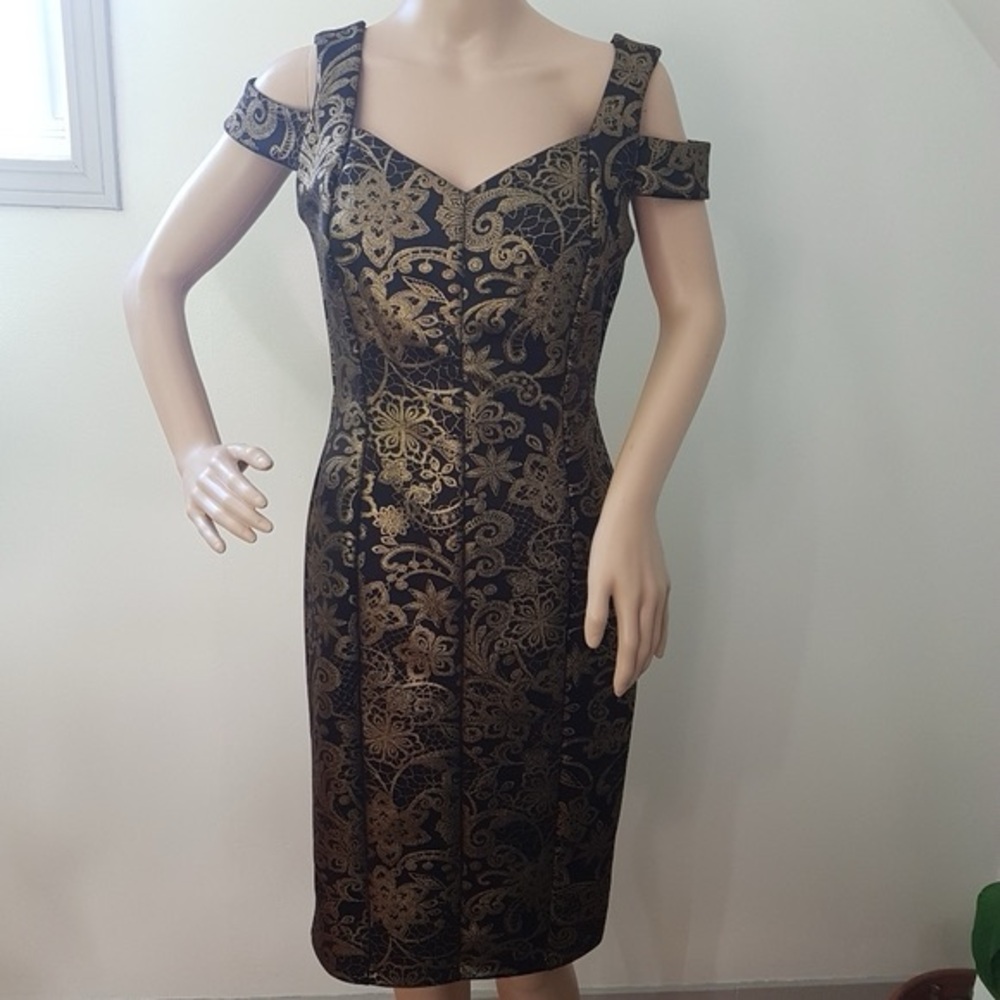 En Focus Studio Cold Shoulder Metallic Design Sweetheart Neck Midi Dress Sz 8